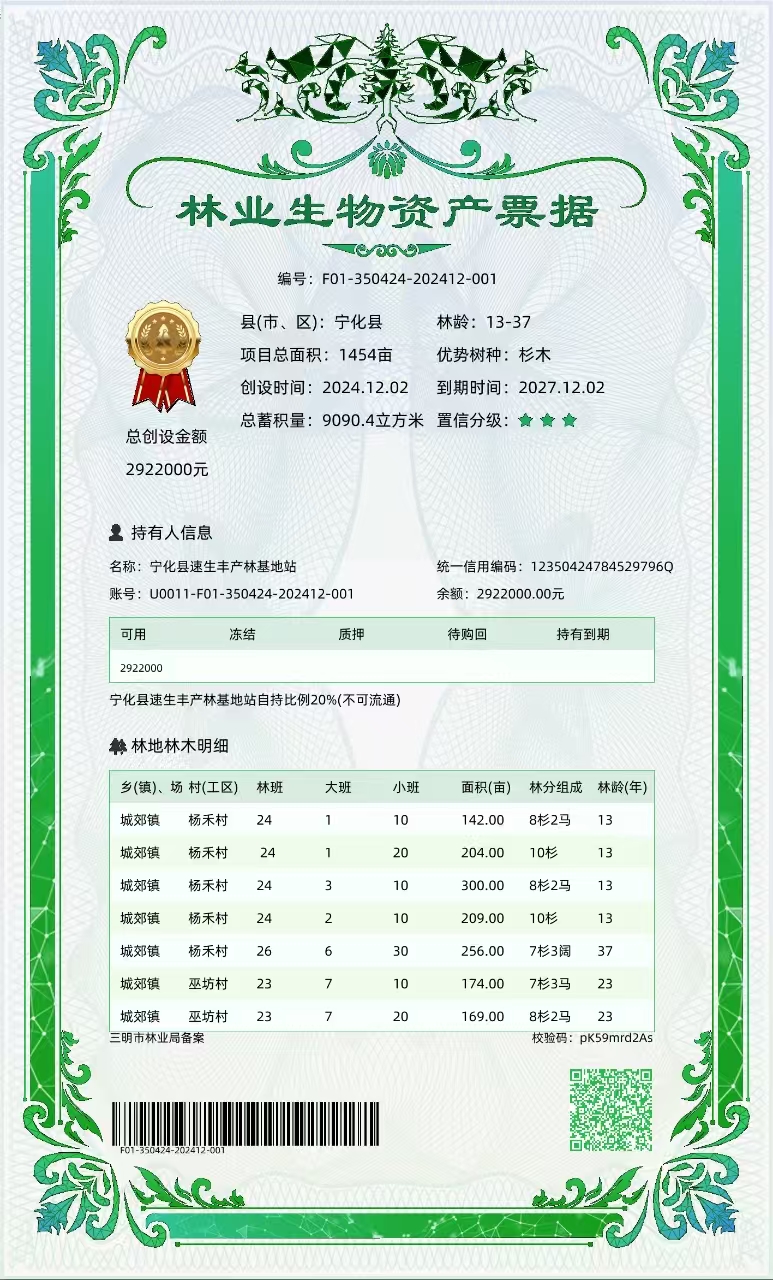 宁化县成功创设首张“林票2.0”电子化资产凭证