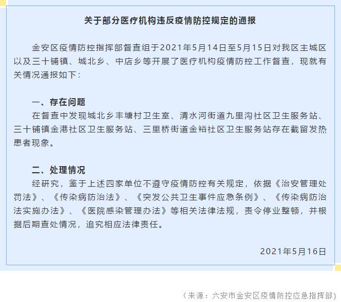 安徽六安金安区：4家医疗机构截留发热患者，责令停业整顿